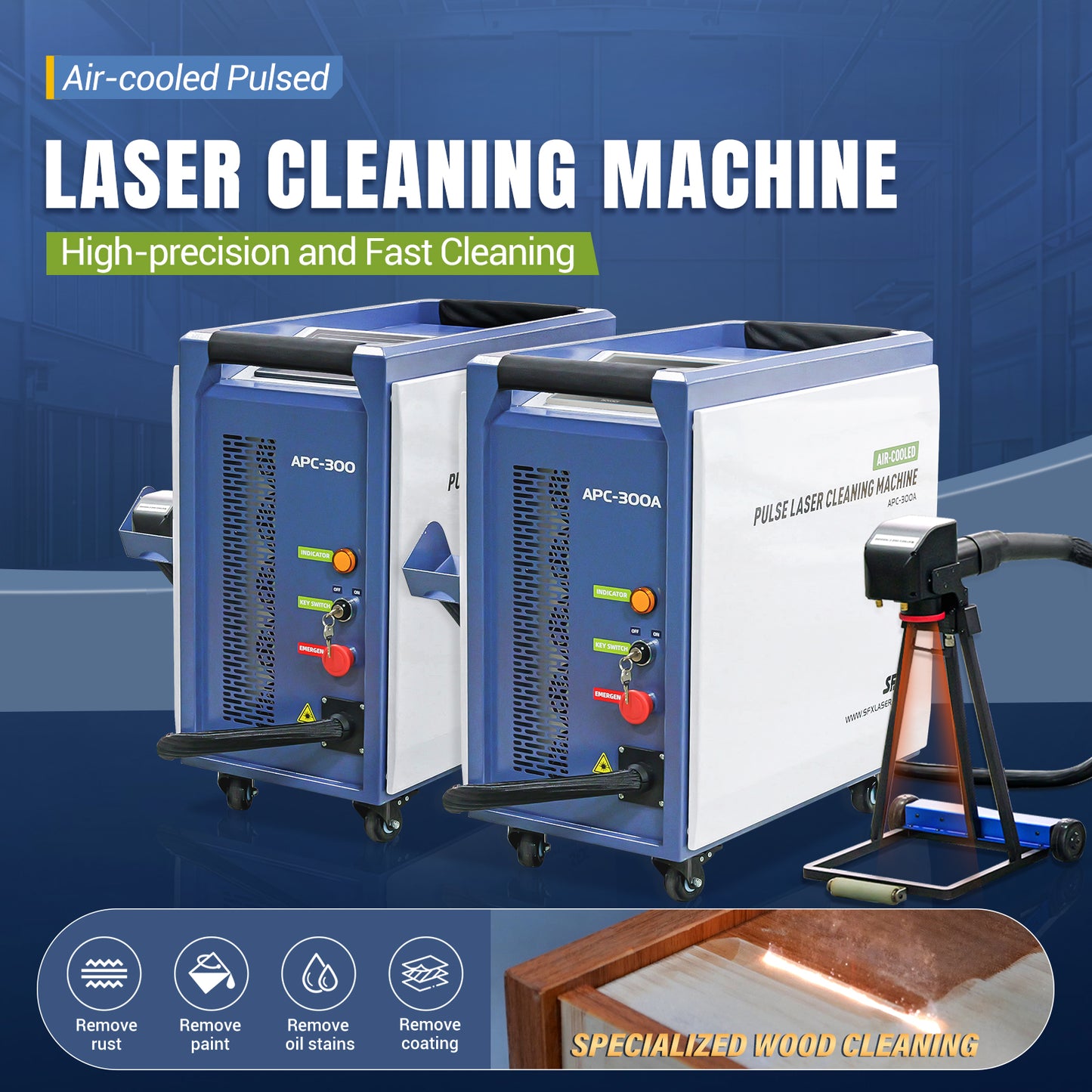 SFX APC 300W/ 500W Air-Cooled Pulsed Laser Cleaning Machine Laser Wood Stripping machine Paint Rust Plating Coating Removal Tool