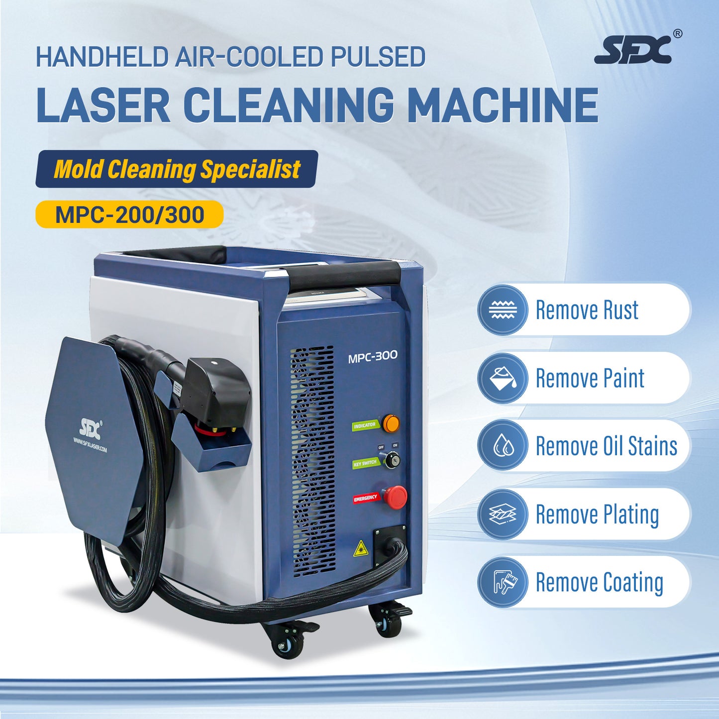 SFX Handheld Air-Cooled Pulsed Laser Cleaning Machine MPC-200/300 Specialized on Mold Cleaning
