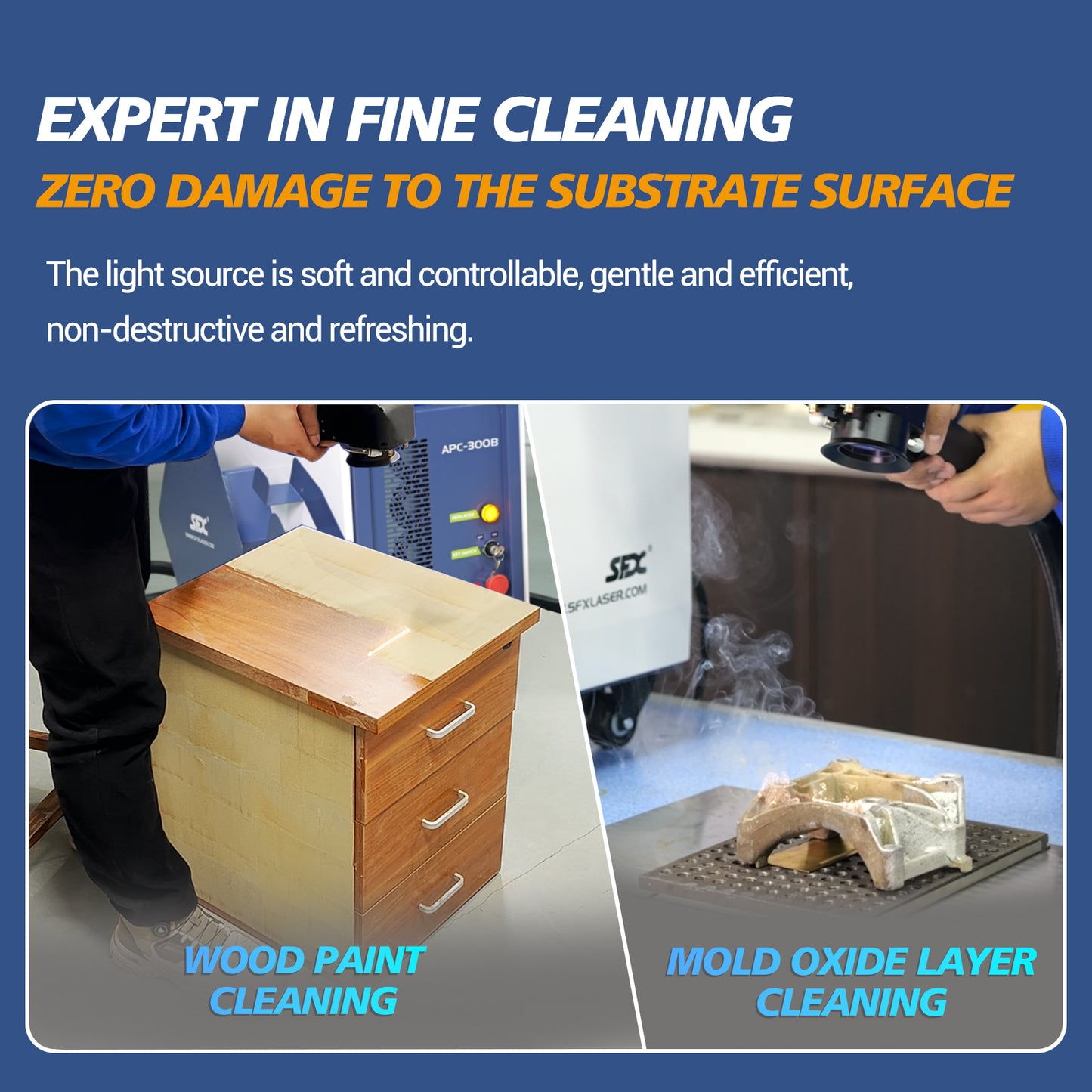 SFX APC 300W/ 500W Air-Cooled Pulsed Laser Cleaning Machine Laser Wood Stripping machine Paint Rust Plating Coating Removal Tool