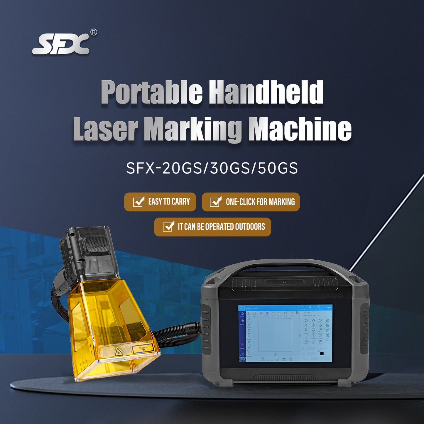 SFX Portable Handheld Laser Marking Machine 20W/30W/50W Fiber Laser Engraver Marker with 70/100/145mm Lens