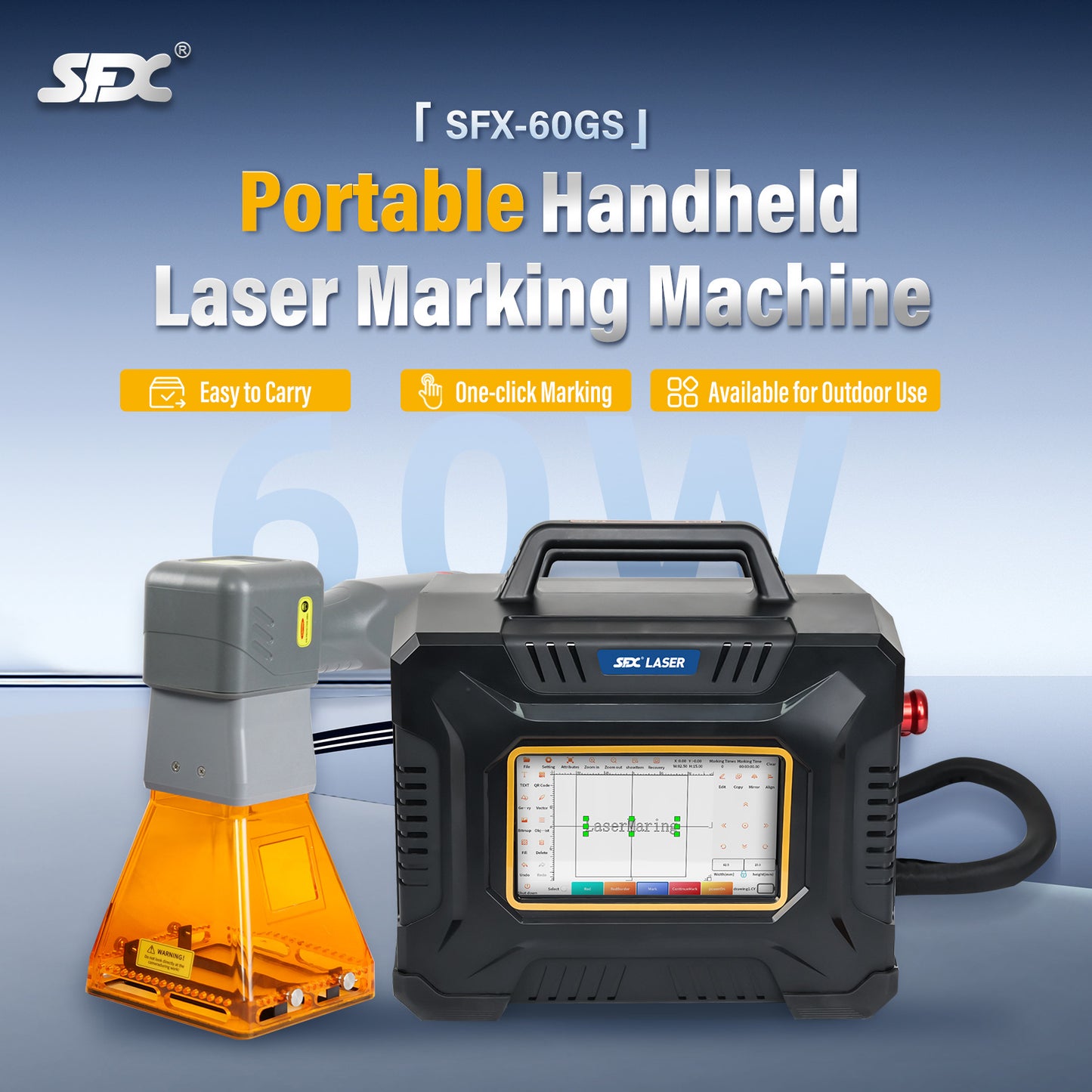 SFX 60W Portable Handheld Laser Marking Machine Metal Laser Engraver with 55*55/100*100/150*150mm Lens
