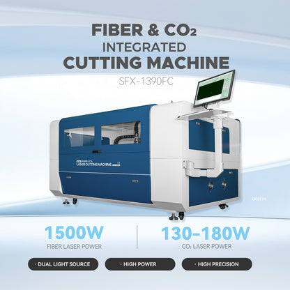 SFX Fiber & CO2 Integrated Cutting Machine SFX-1390FC 130/150/180W Laser Cutter With 1300*900mm Working Area