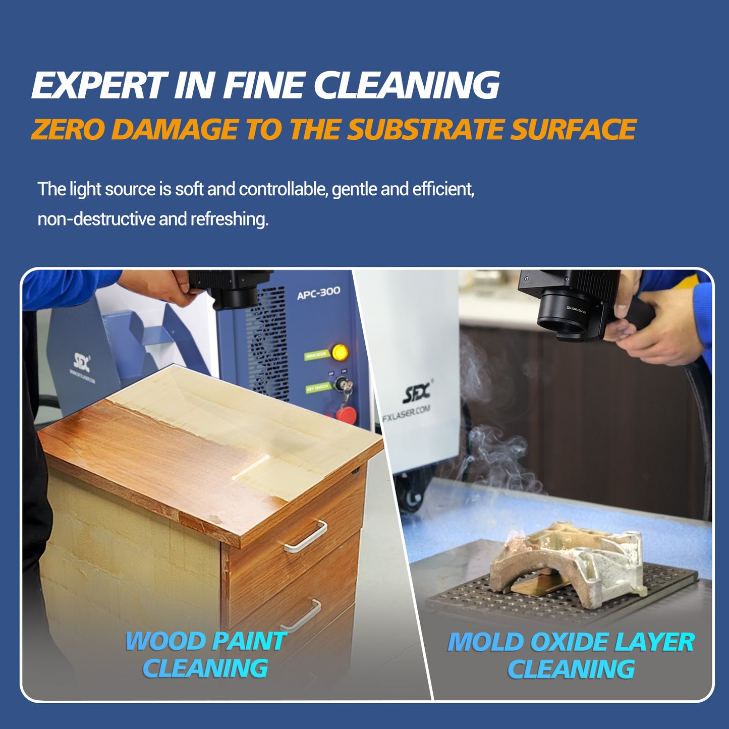US Stock SFX APC 300W/ 500W Air-Cooled Pulsed Laser Cleaning Machine Laser Wood Stripping machine Paint Rust Plating Coating Removal Tool